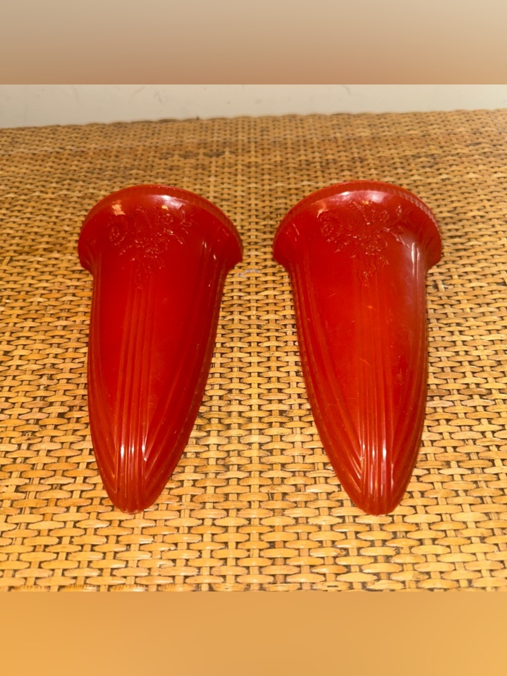 Vintage Ardee Pair Of 1960's Bright Red Wall Pockets MCM Floral Home Decor